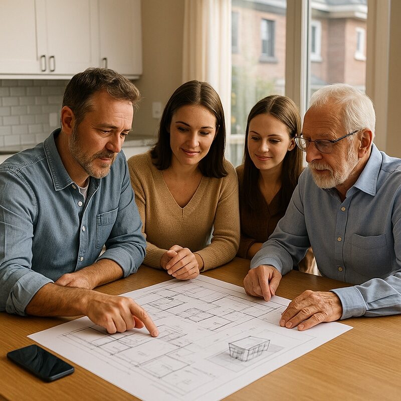 Calgary family reviewing multigenerational home renovation plans at a kitchen table.